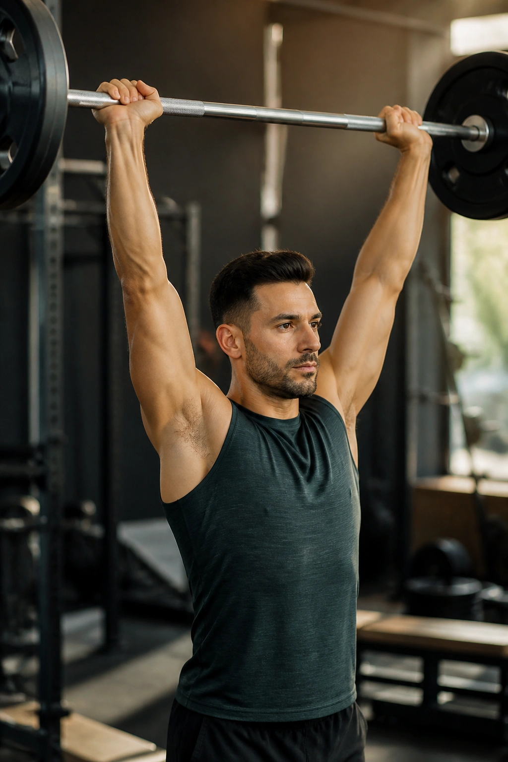 Medium close-up of a person performing an overhead press in a gym.