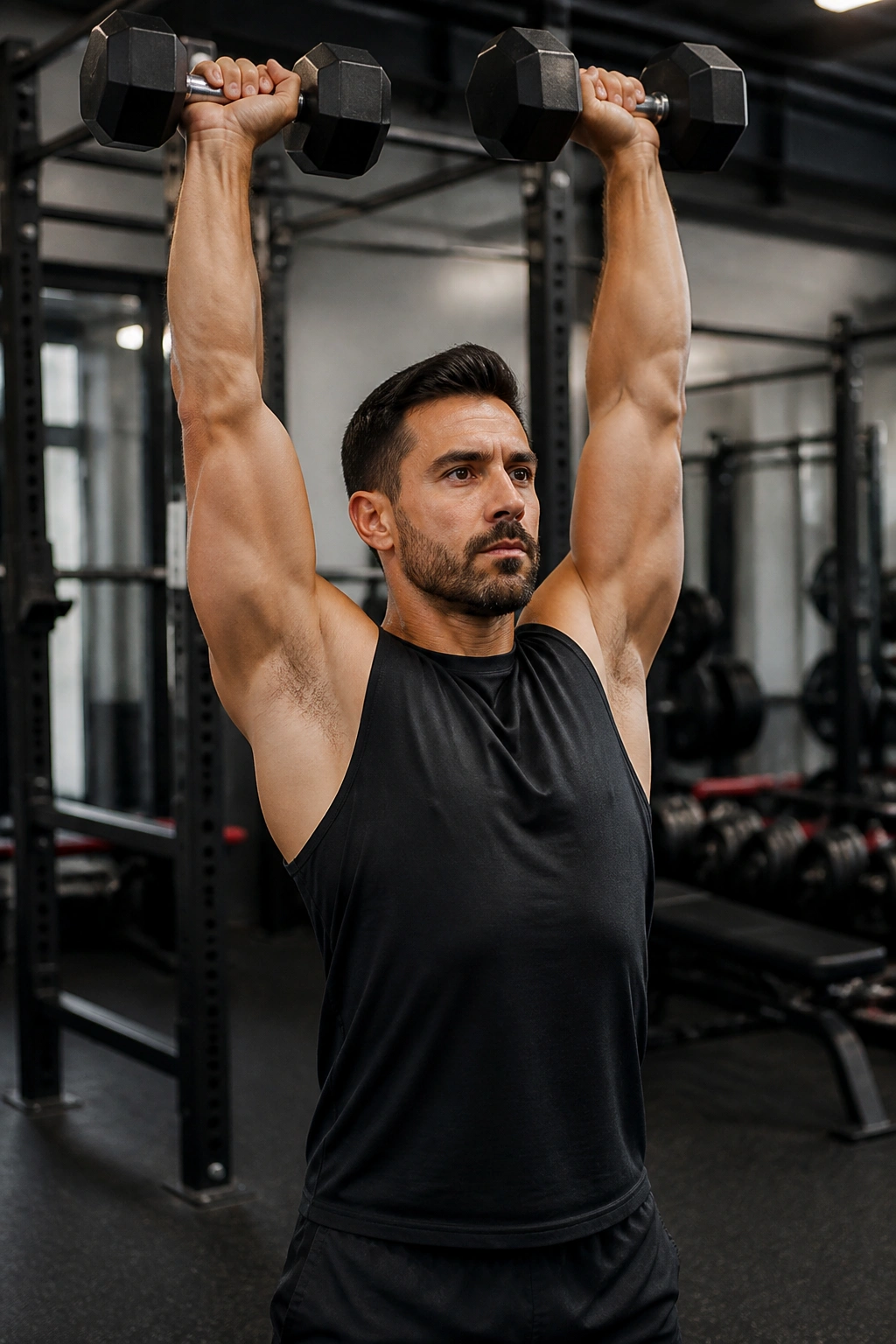 Person performing overhead press with dumbbells in gym
