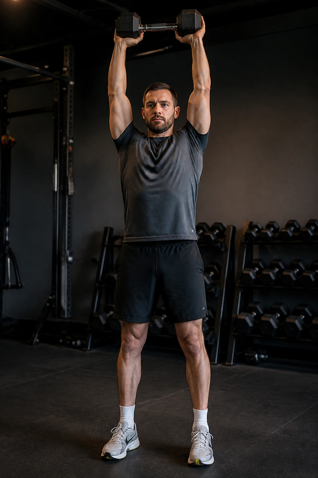 Person holding weight overhead showing shoulder stability and proper alignment