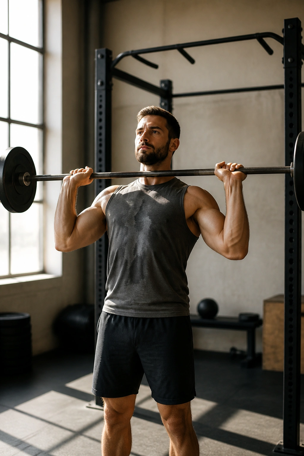 Lifter performing strict overhead press with pull-up setup in gym
