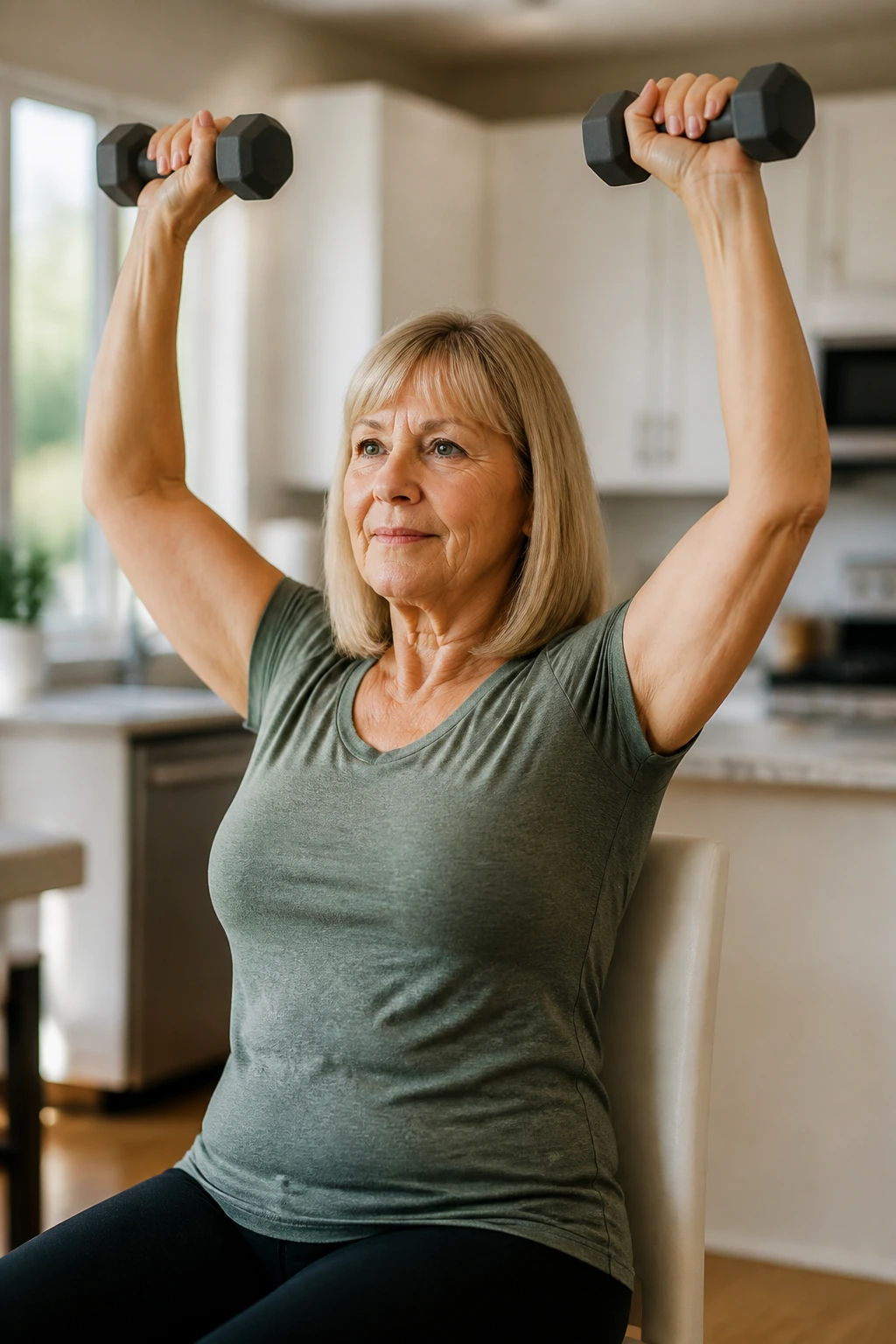 Person seated overhead press with light dumbbells in a living space.