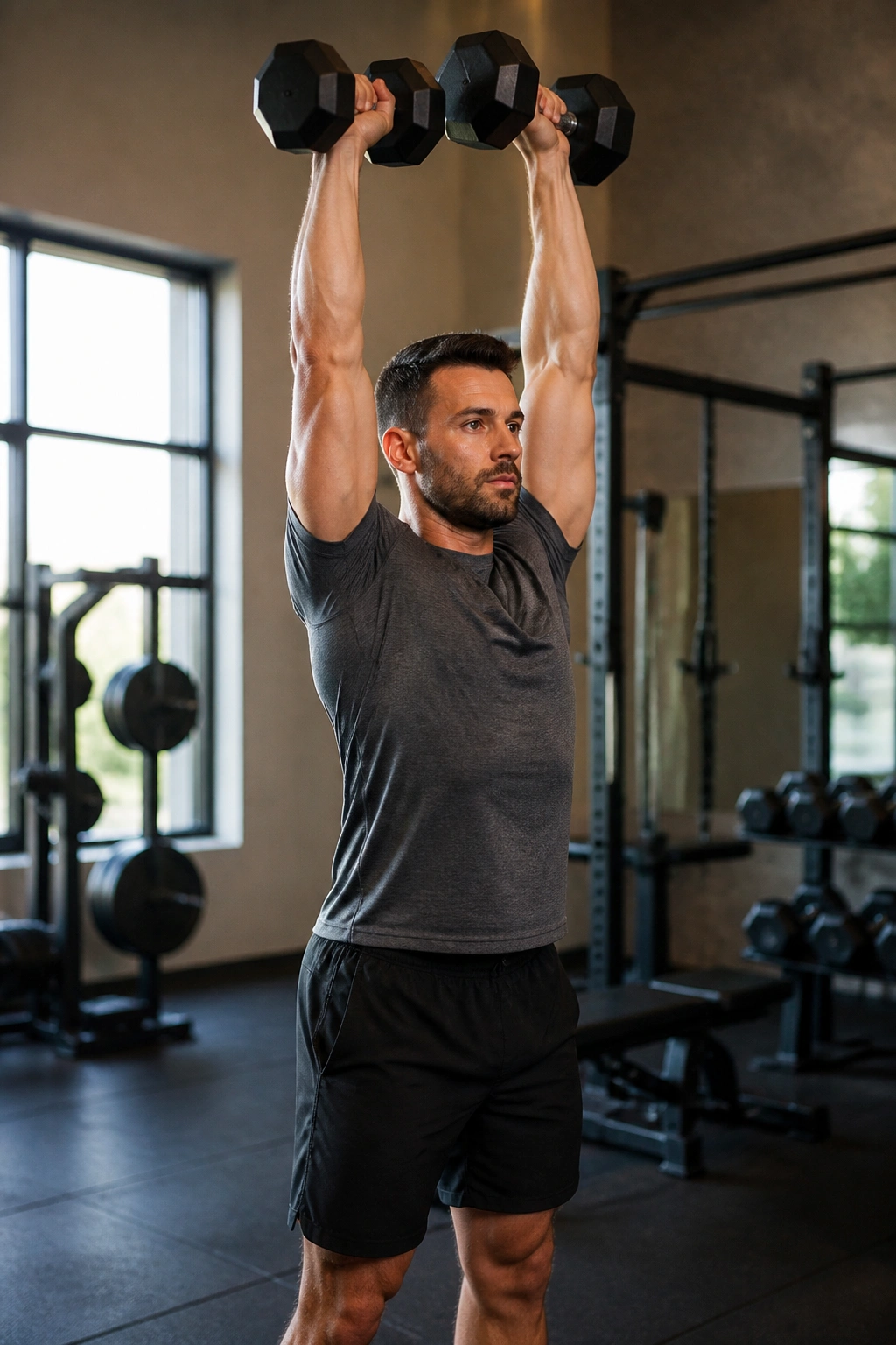Portrait of real person performing overhead press with dumbbells overhead, core braced