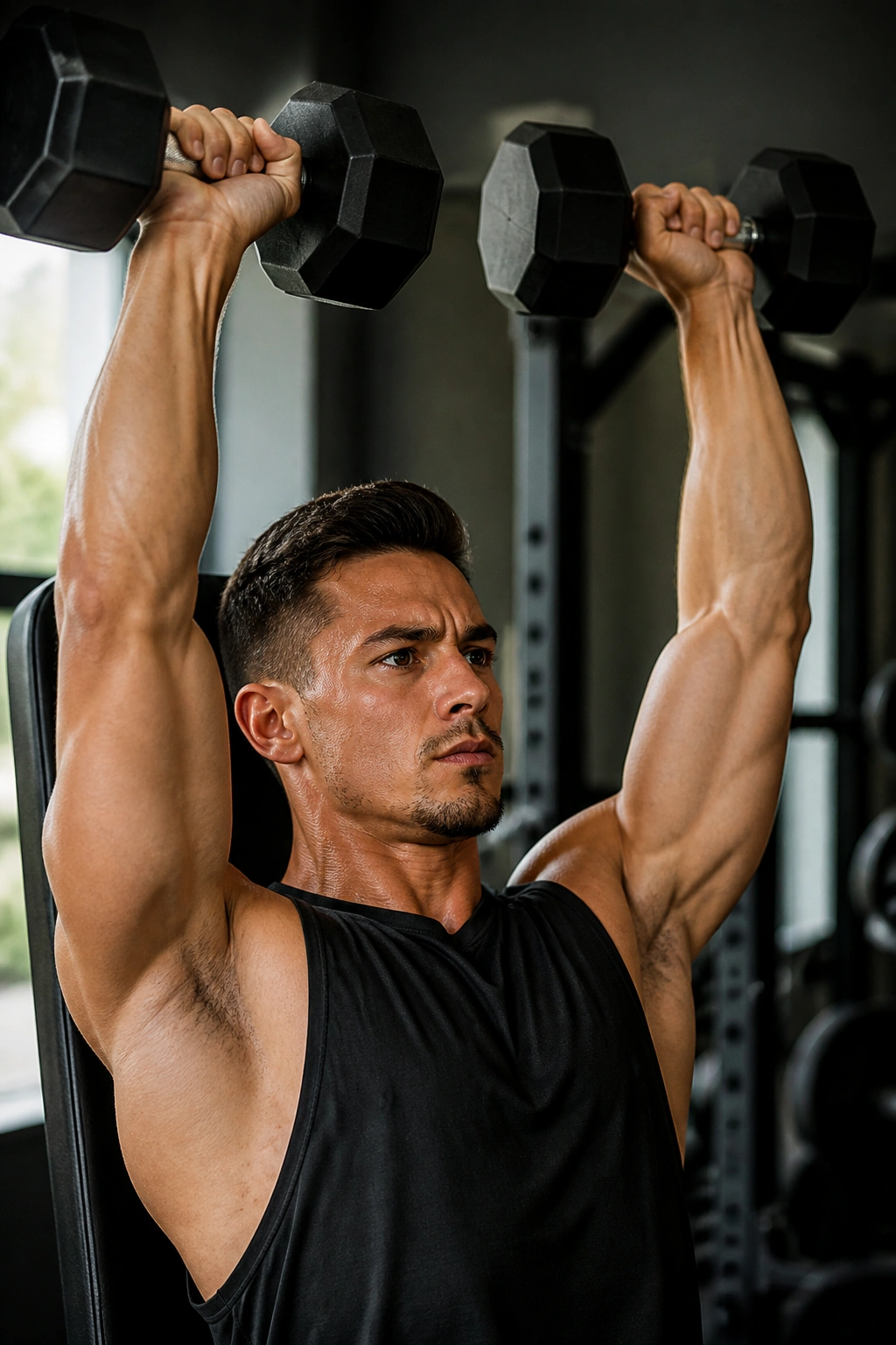 Close-up of a person performing overhead press with dumbbells in a home gym