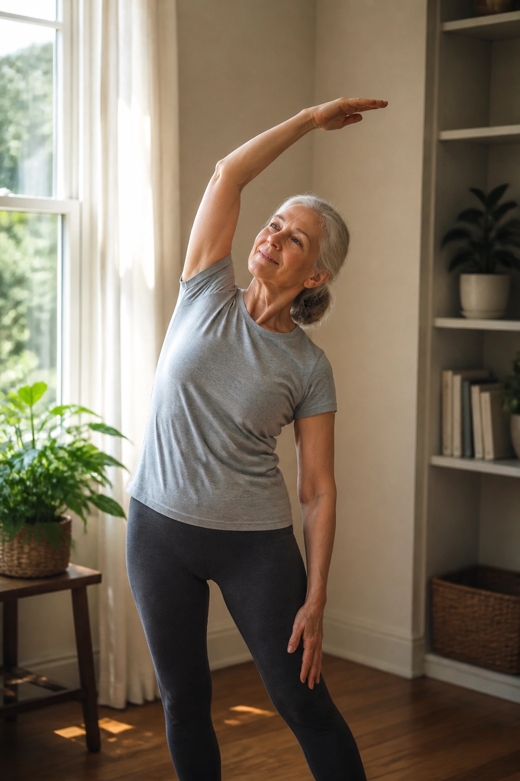 Mid-shot of a person performing overhead reach and side bend in a home setting