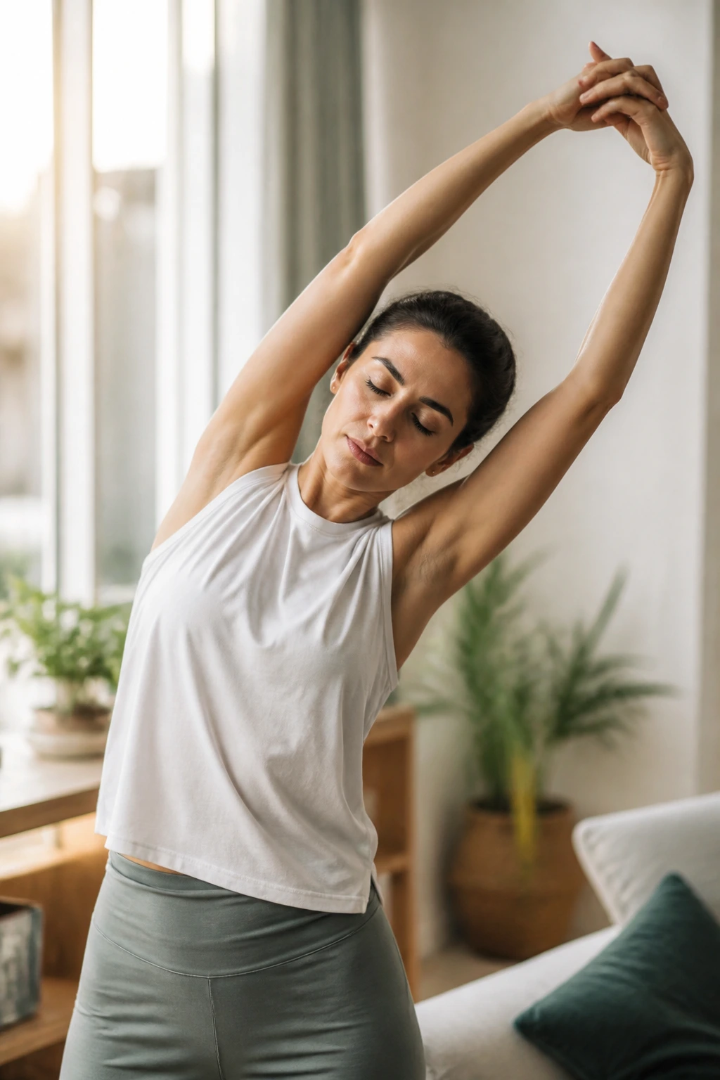 Person performing overhead reach and side stretch in a bright room