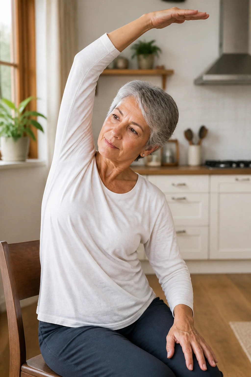 Senior performing overhead side arc stretch with side bend