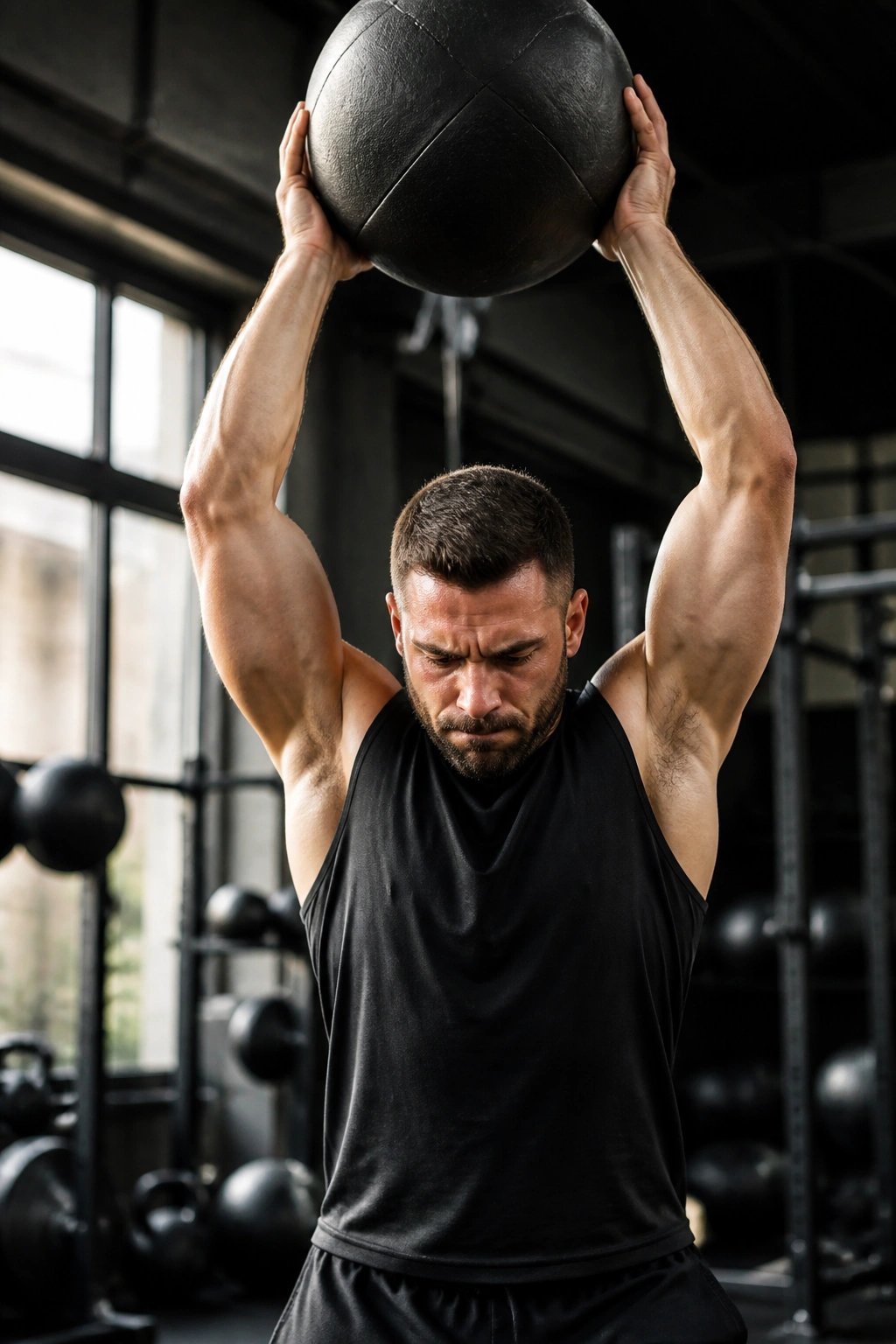 Close-up of athlete performing overhead slam with slam ball in gym