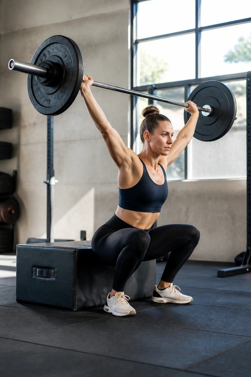 Athlete performing overhead squat to a box at depth in a gym