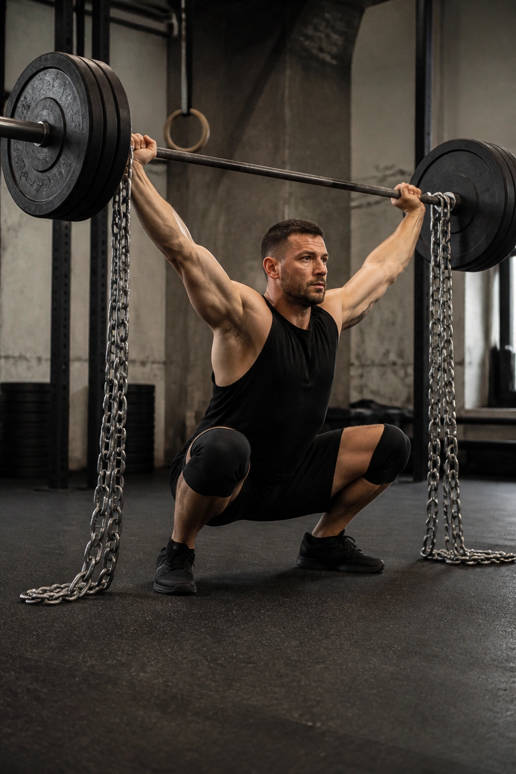Athlete performing overhead squat with chains attached to the bar in a gym