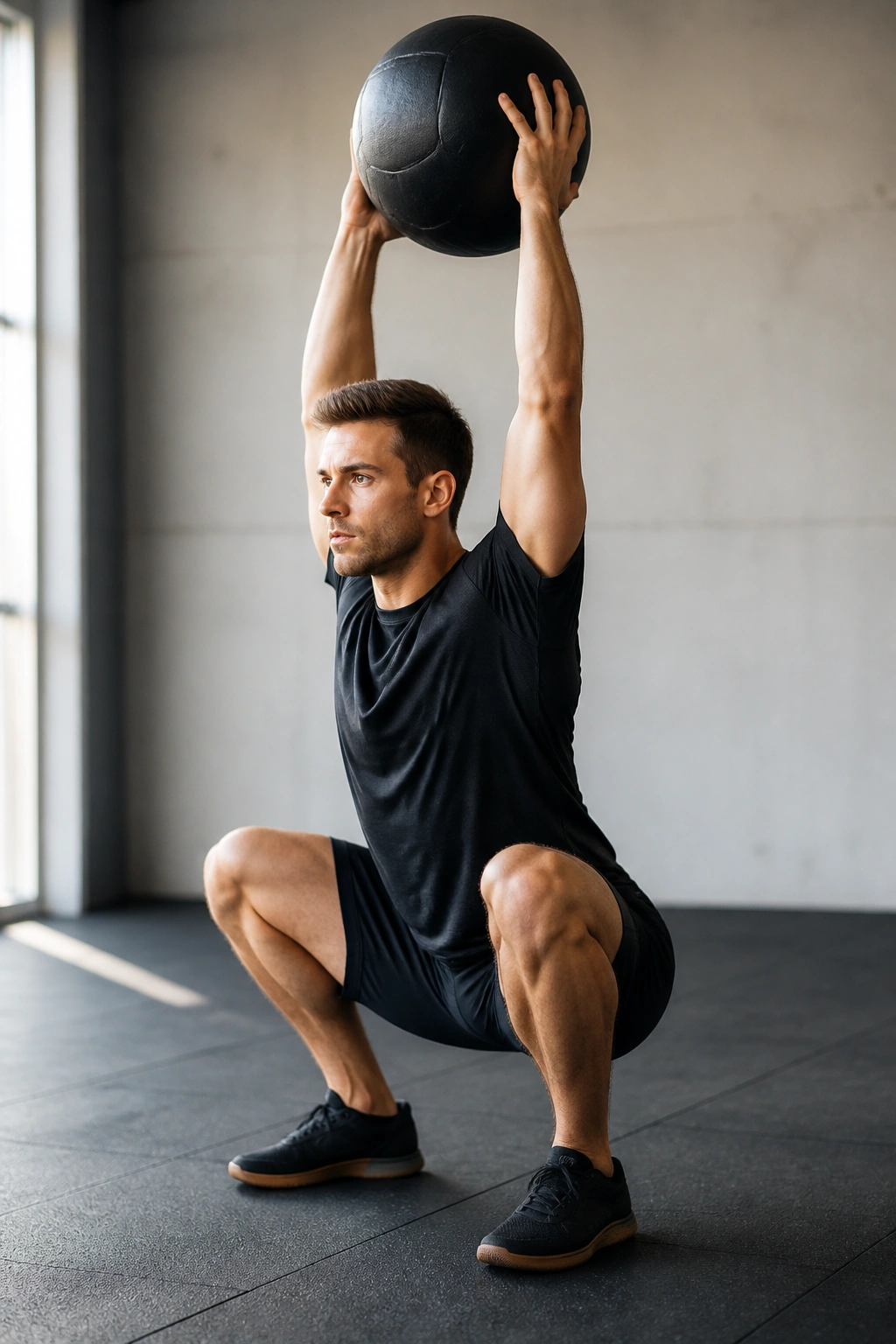 Athlete overhead squats with a medicine ball held overhead