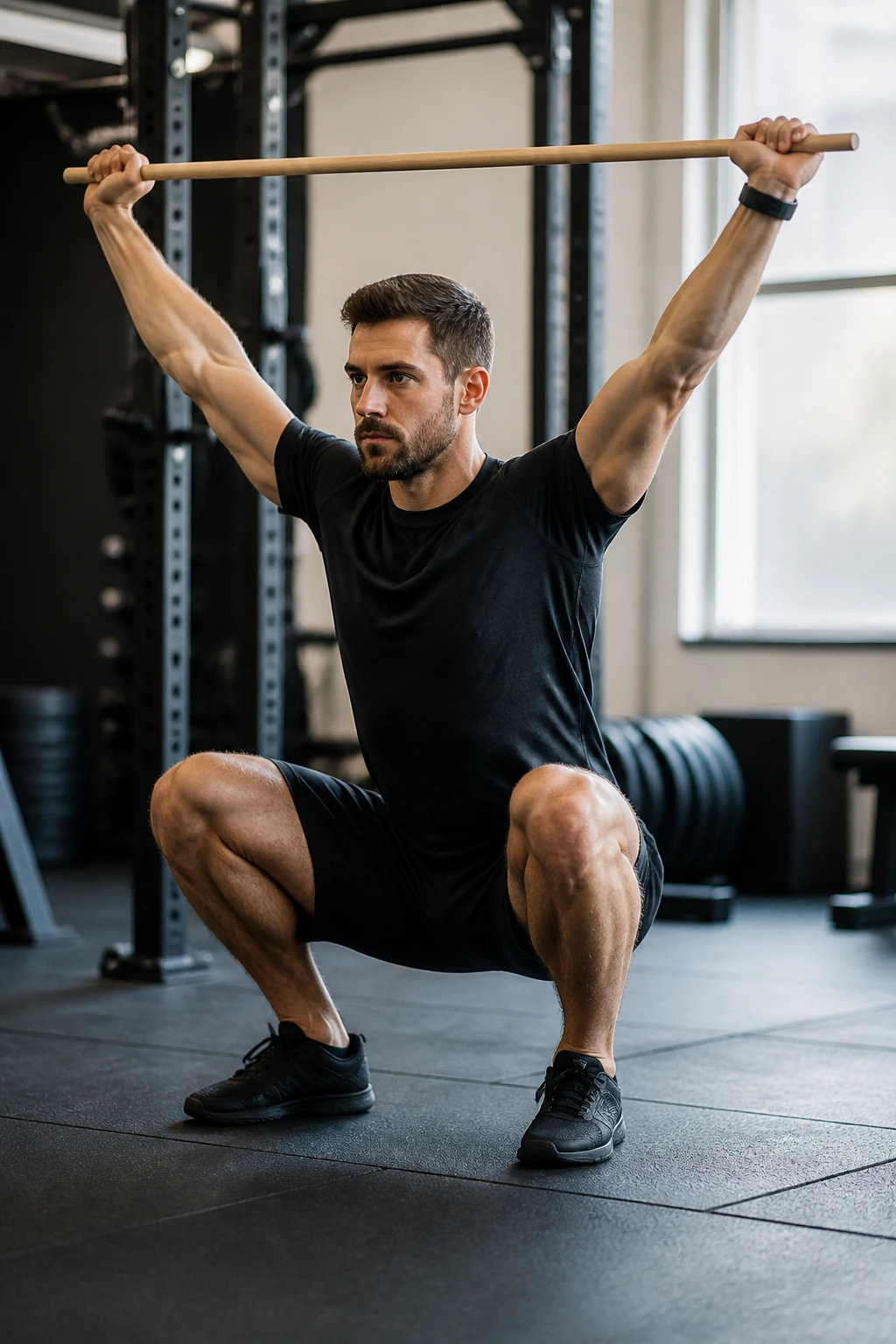 Person in overhead squat with a dowel overhead in gym
