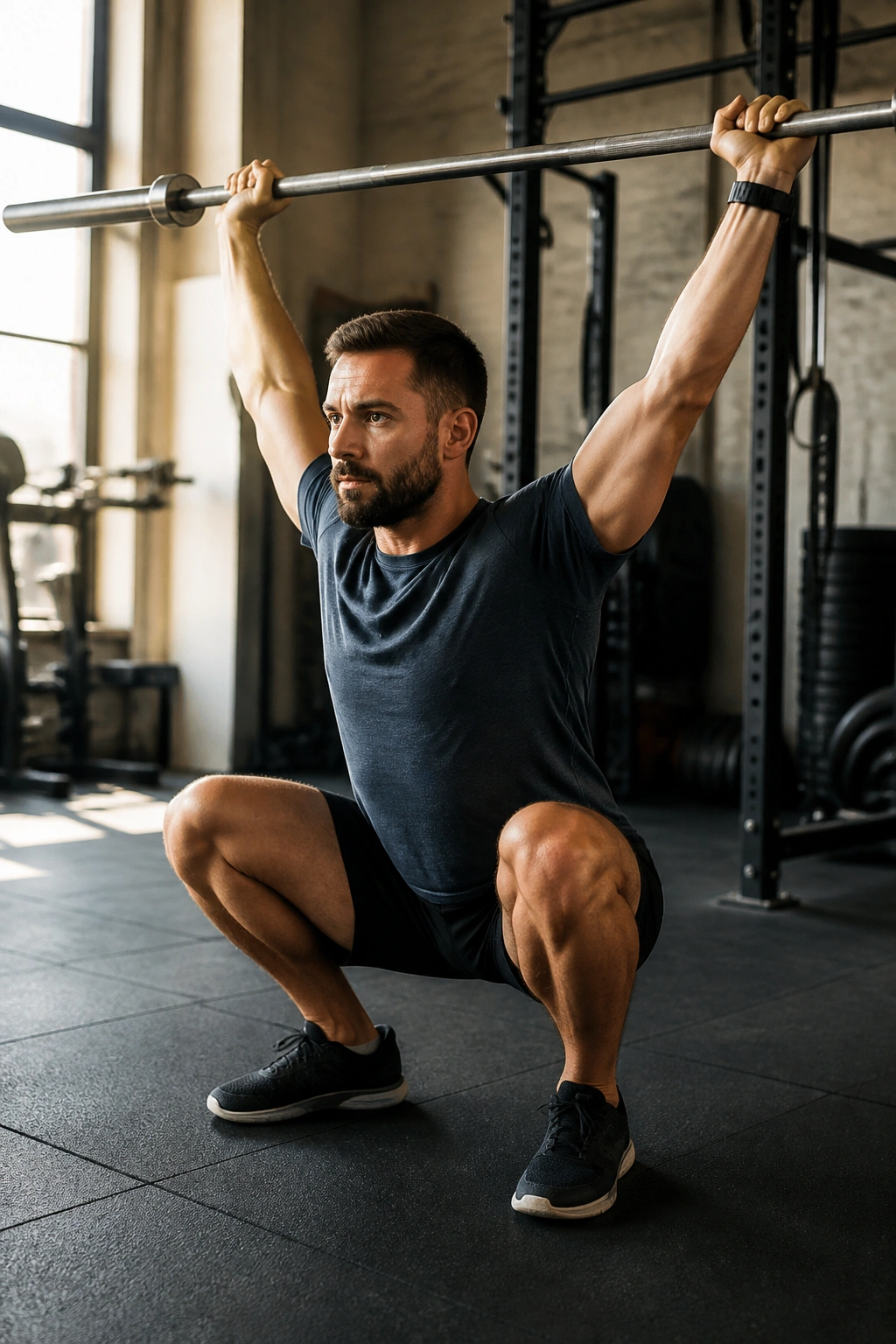 Athlete performing overhead squat with bar overhead