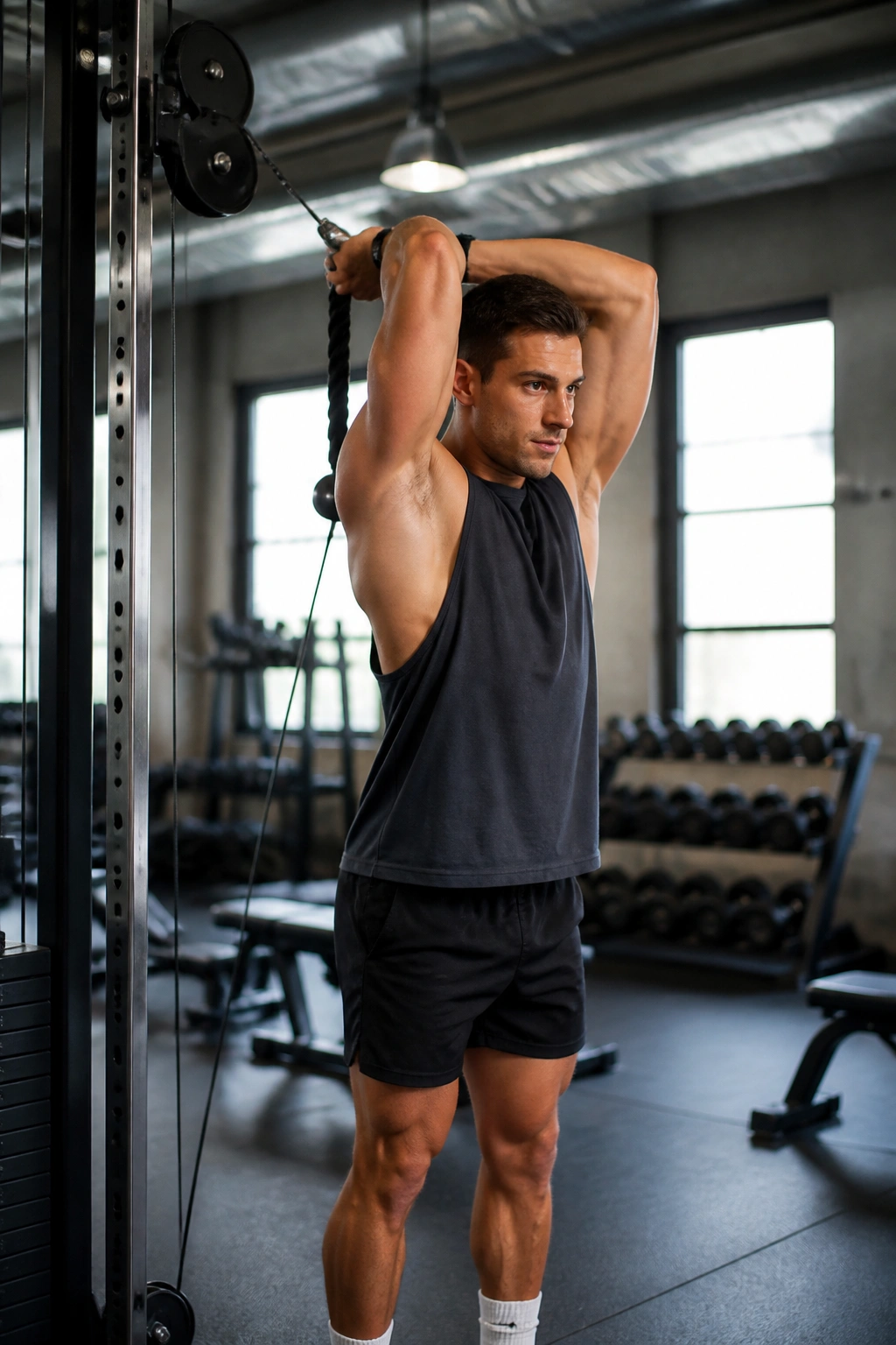 Lifter performing overhead cable triceps extension with rope