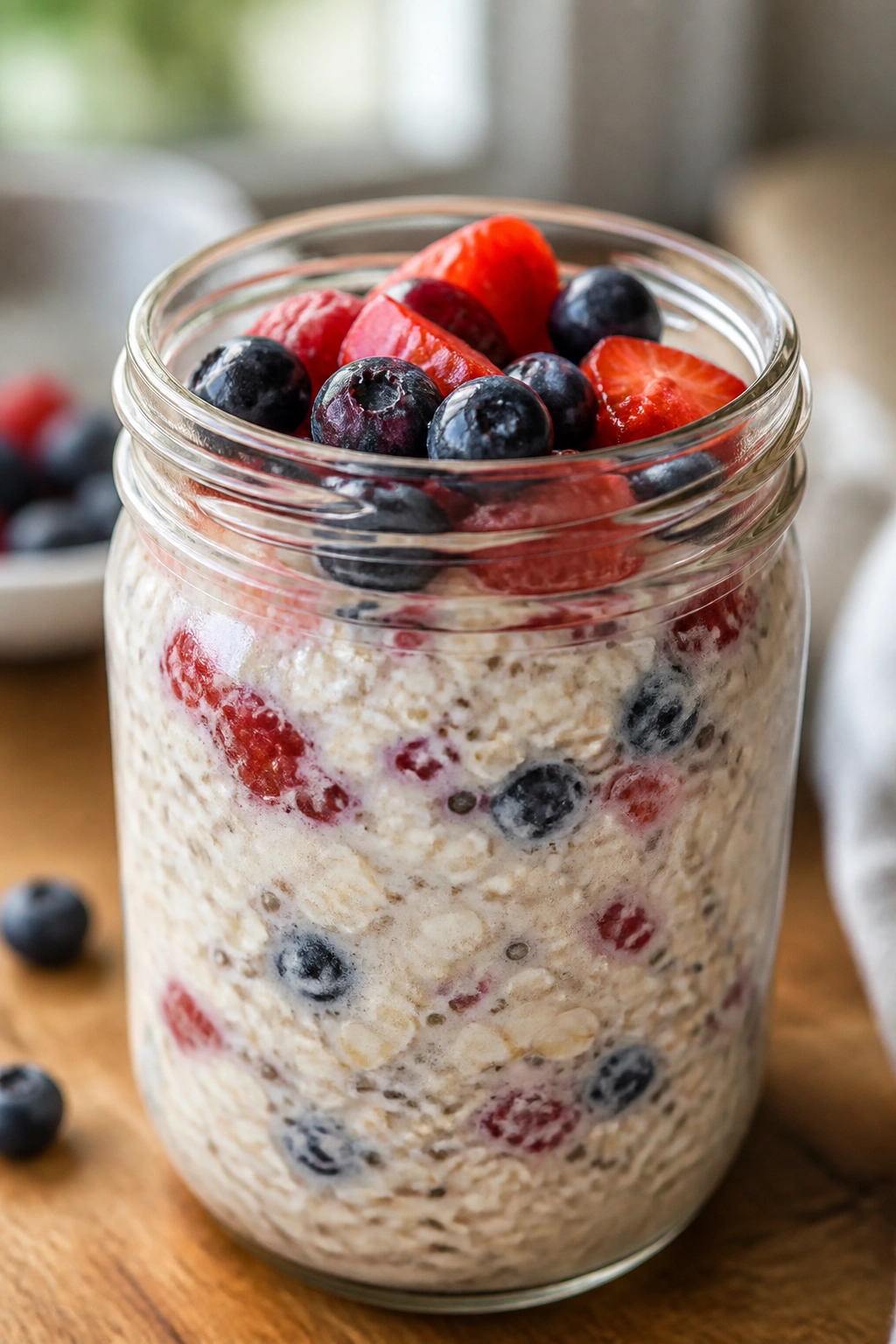 Close-up of classic berry overnight oats in a glass jar on a kitchen counter
