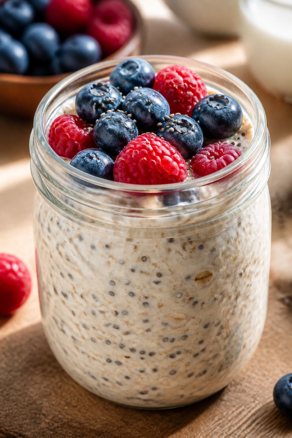 Close-up of creamy overnight oats with berries and chia in a glass jar on a wooden counter