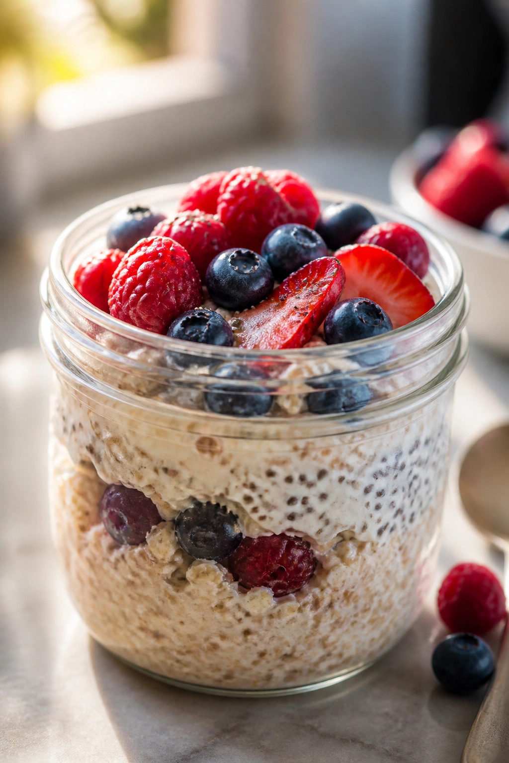 Jar of overnight oats with berries and chia seeds in morning light