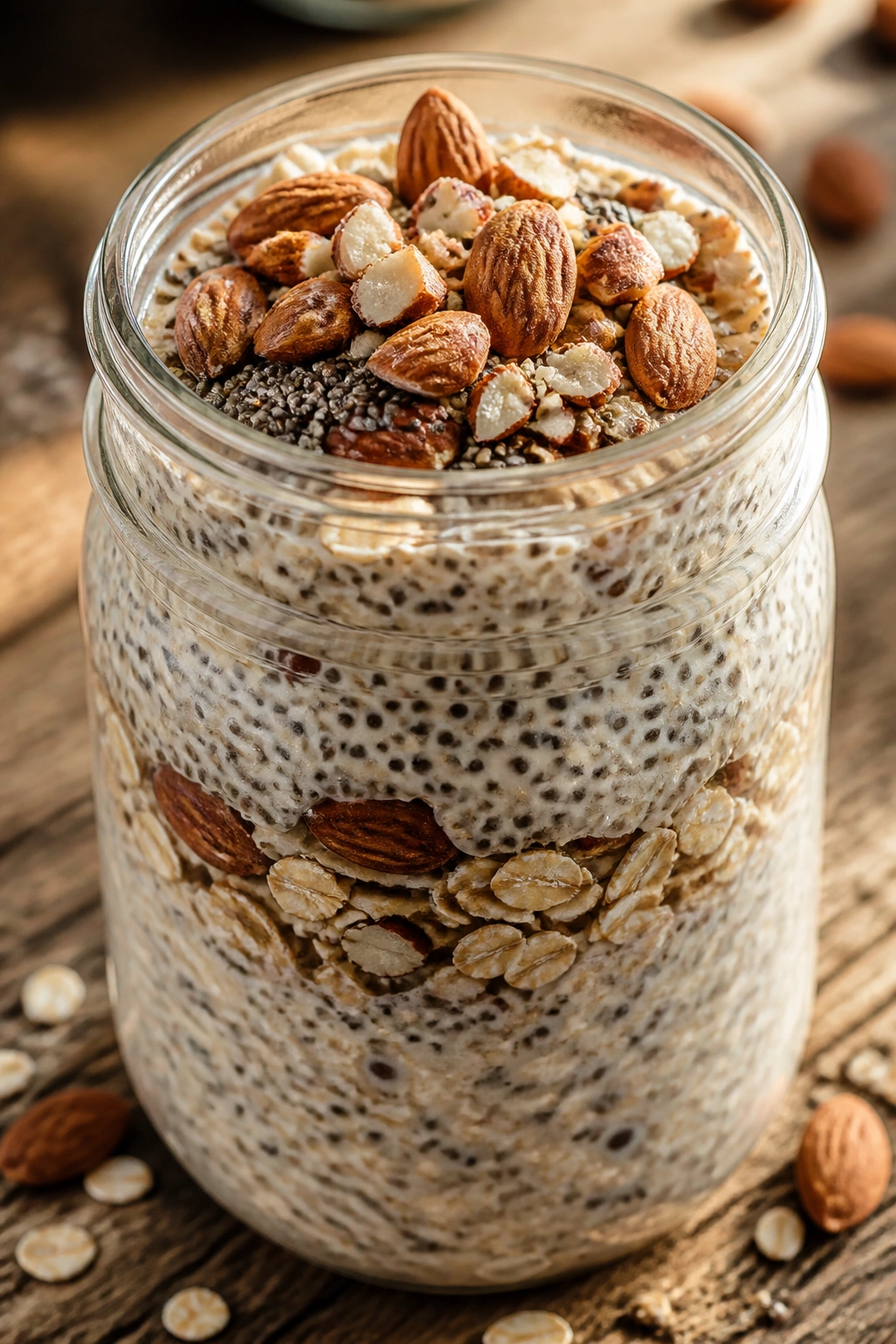 Overnight oats with chia seeds and almonds in a mason jar
