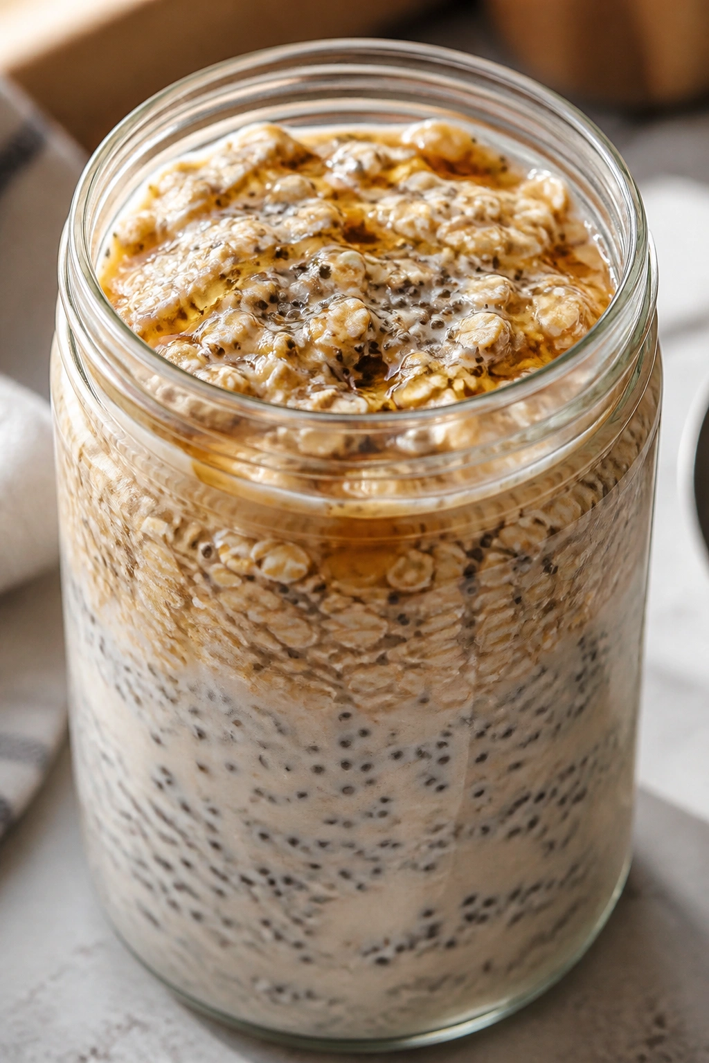Overnight oats in a jar with maple and chia