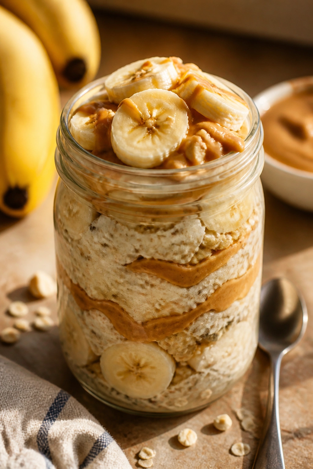 Close-up of peanut butter banana overnight oats in a jar on a kitchen counter