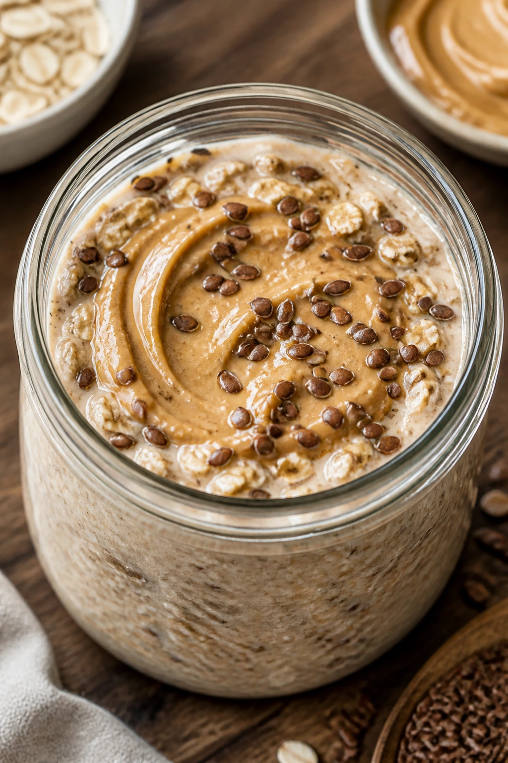 Glass jar of overnight oats with peanut butter and flax on a kitchen counter