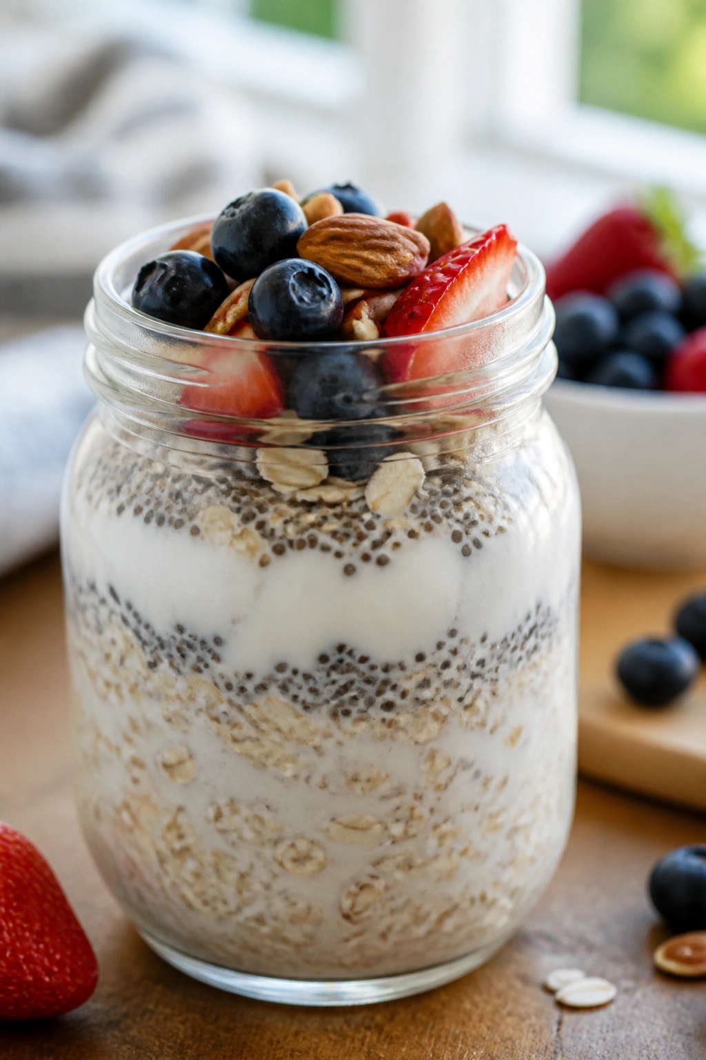 Close-up of a glass jar of overnight oats ready for breakfast