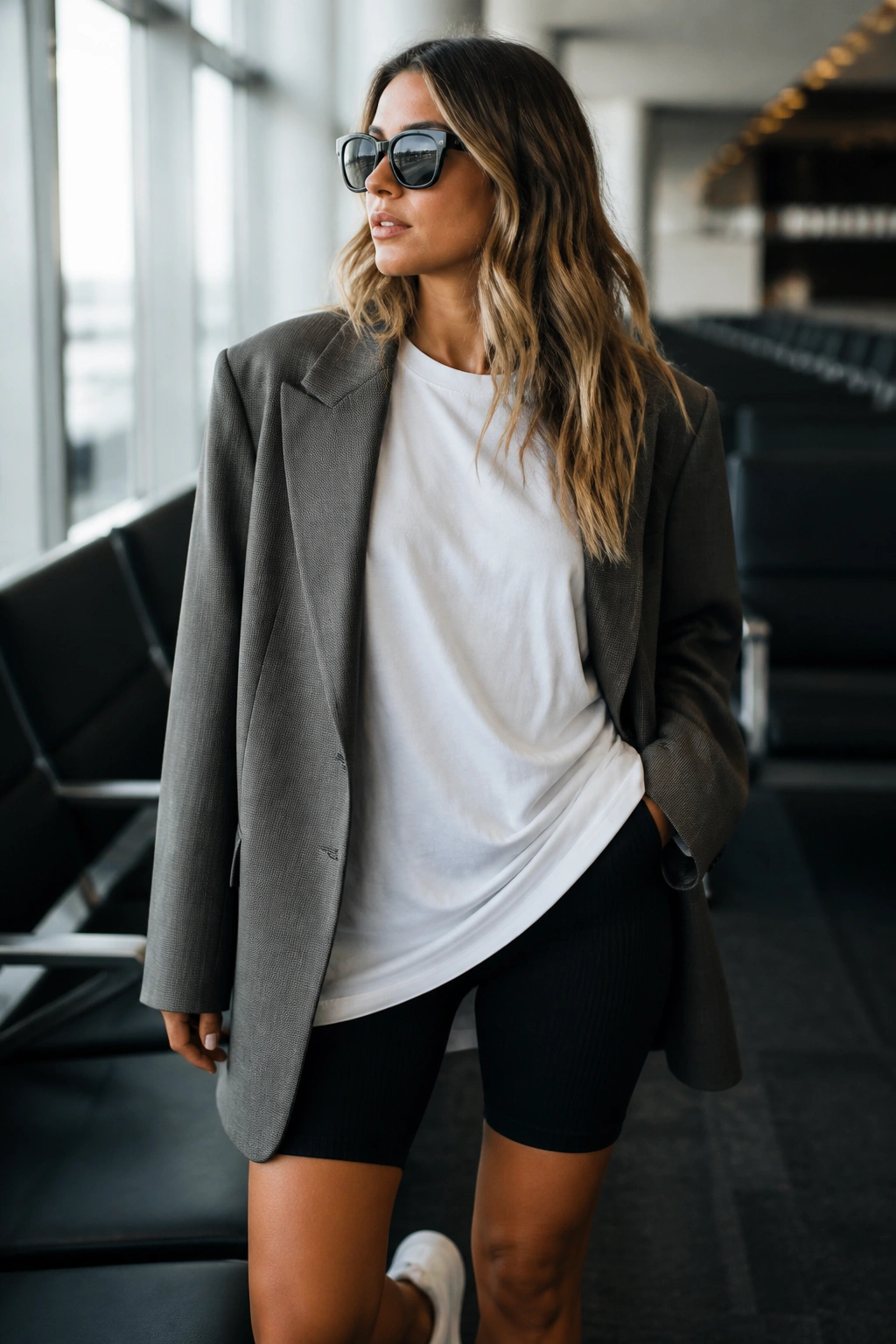 Real traveler in an open oversized blazer over bike shorts and a long tee at an airport lounge
