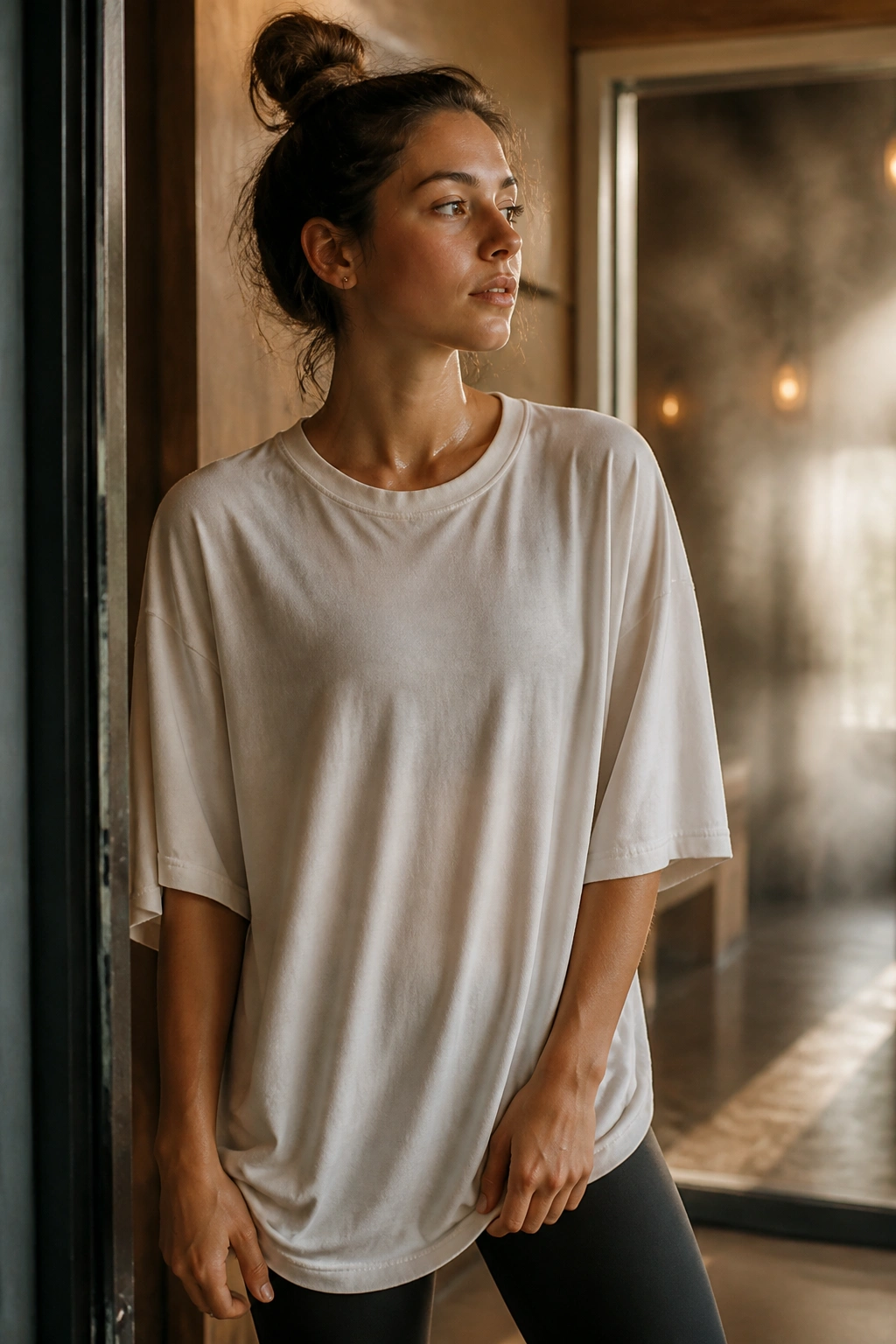 Real person in an oversized tee in a studio doorway