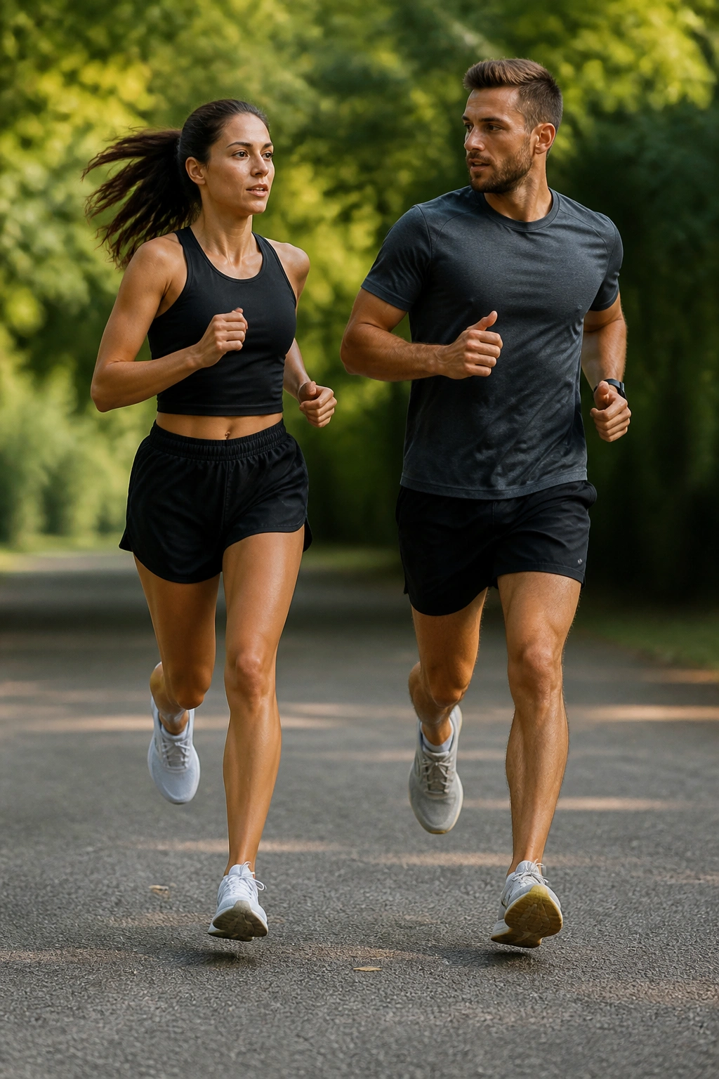 Two runners pacing each other on a park path