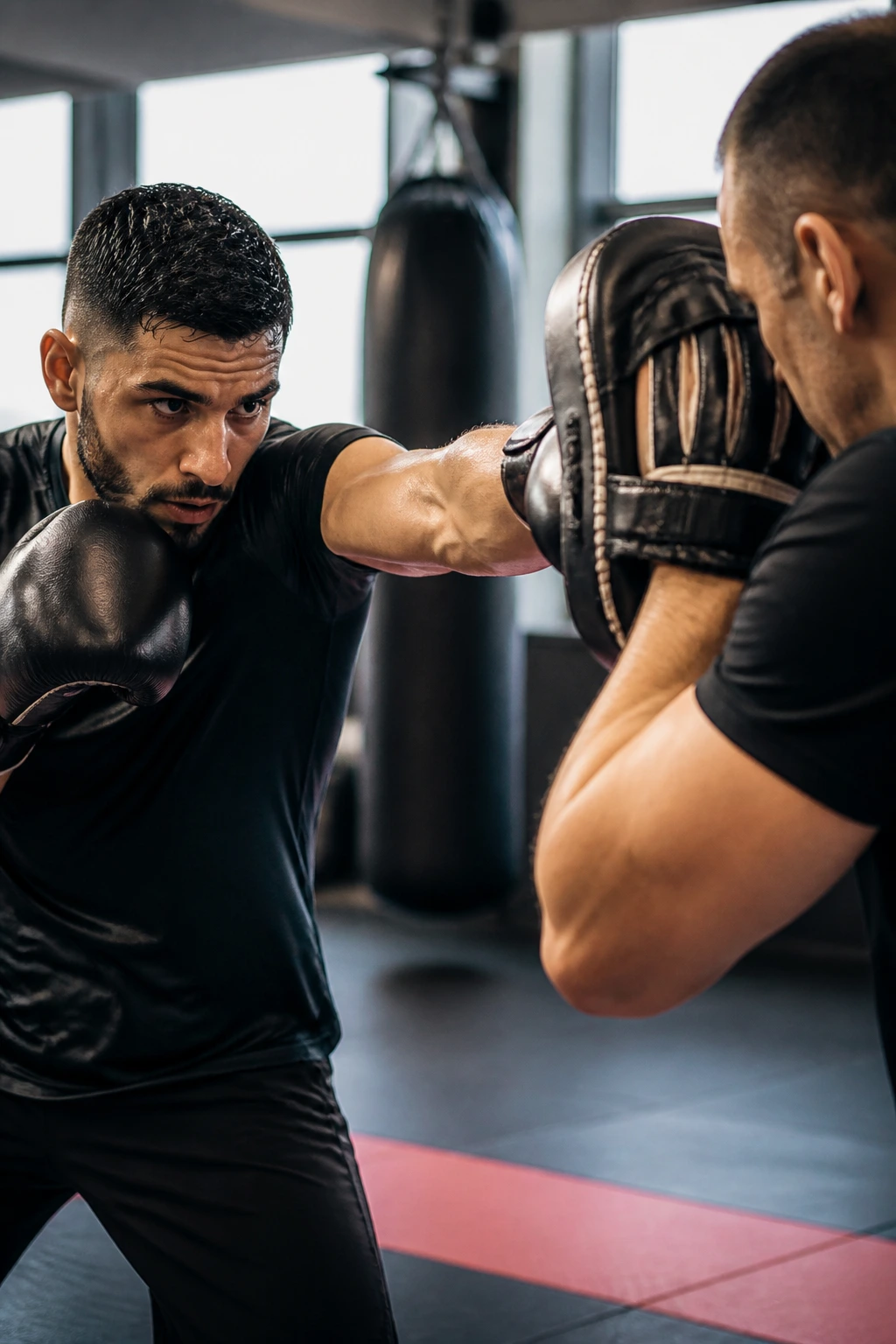 Boxer delivering punches with focus pads in a gym during pad work.
