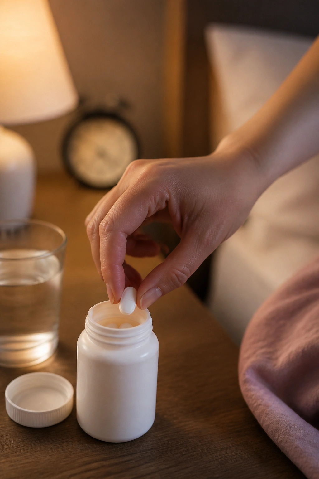 Close-up of hand taking pain medication on a schedule by bedside clock