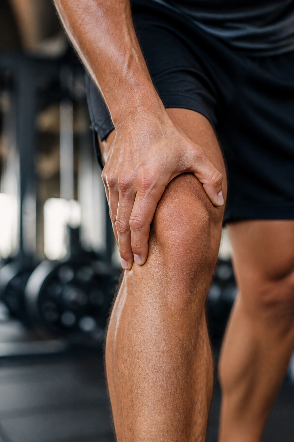 Knee with hand indicating pain during a workout.