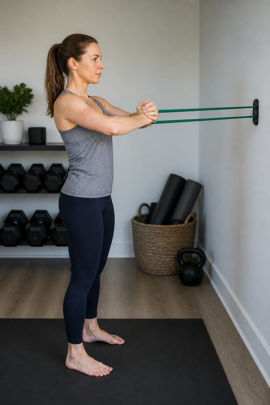 Person performing Pallof press with resistance band, torso square