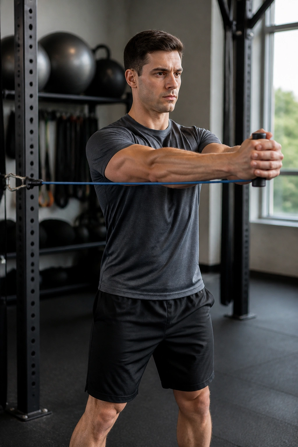 Medium close-up of a person performing Pallof Press with anti-rotation brace