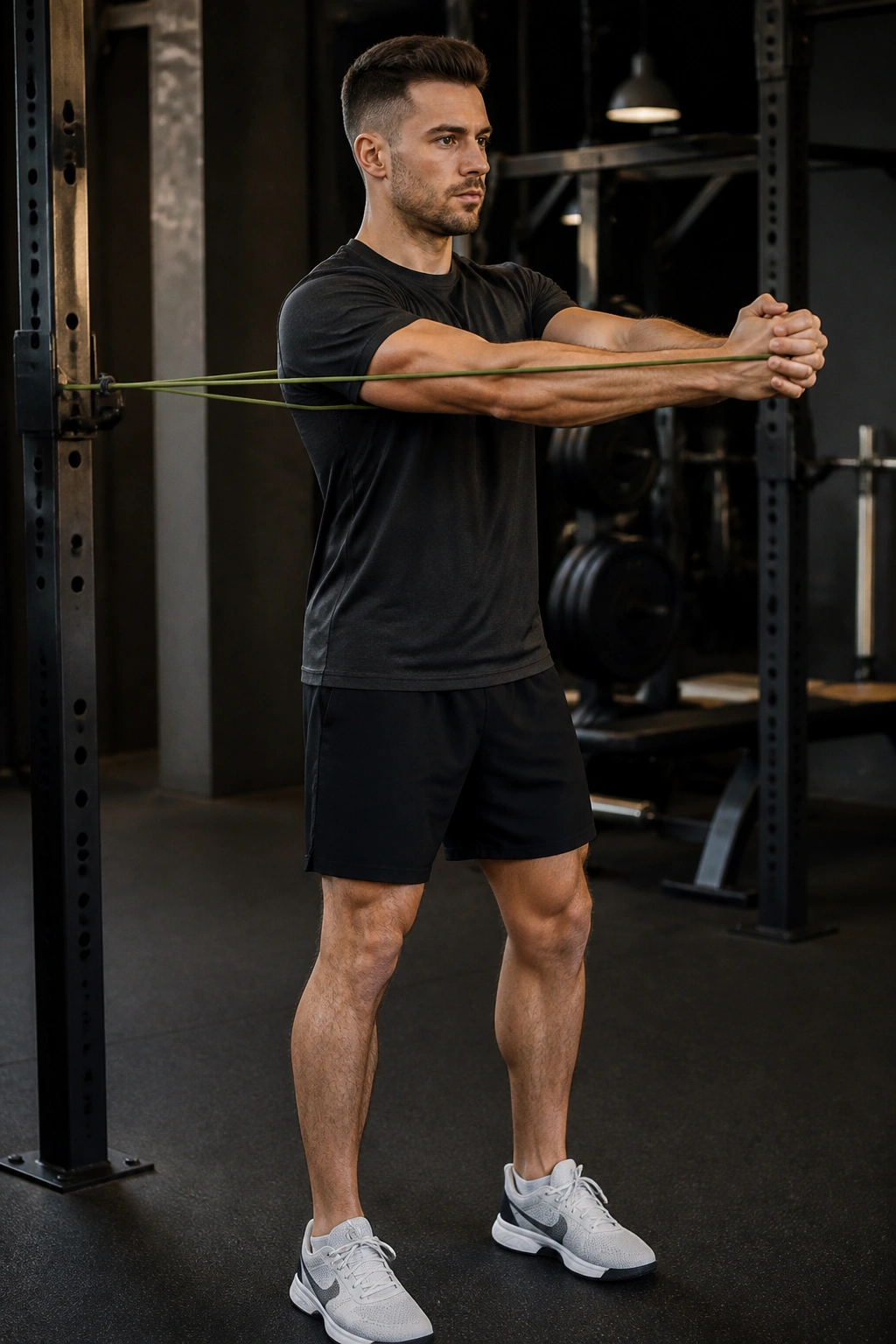 Real person performing Pallof Press with band, torso square and anti-rotation