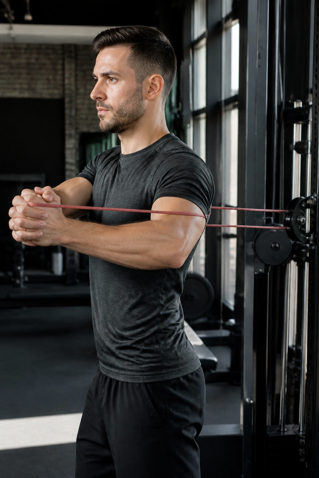 Torso shot of person performing Pallof Press with resistance band, torso upright and stable