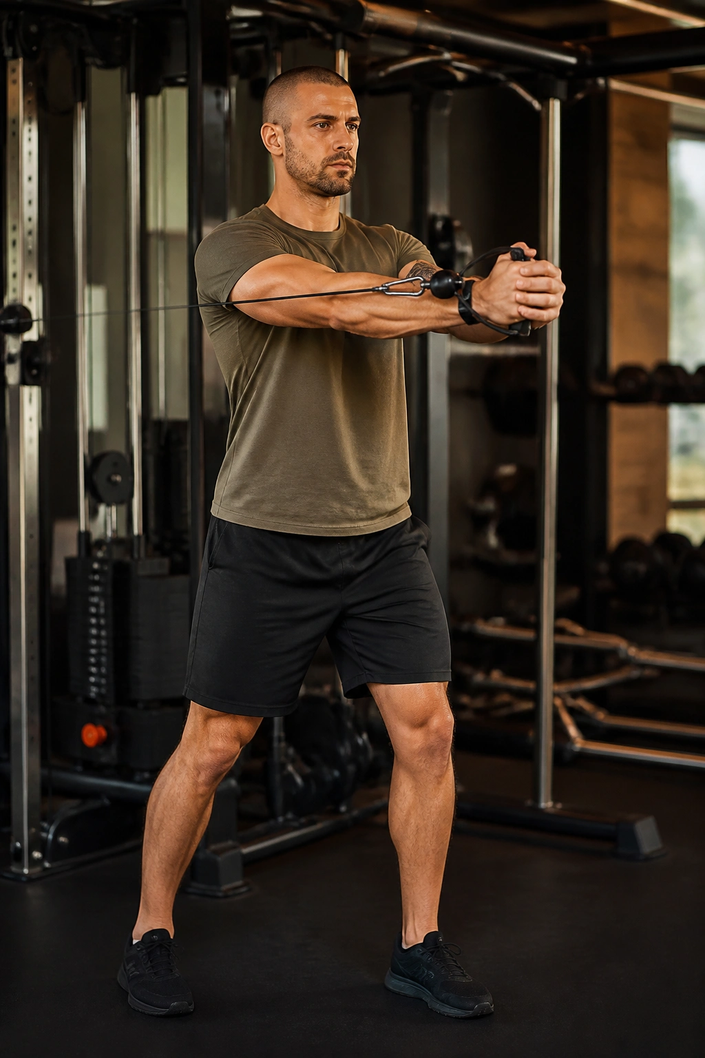 Person performing Pallof press hold with a cable in a gym