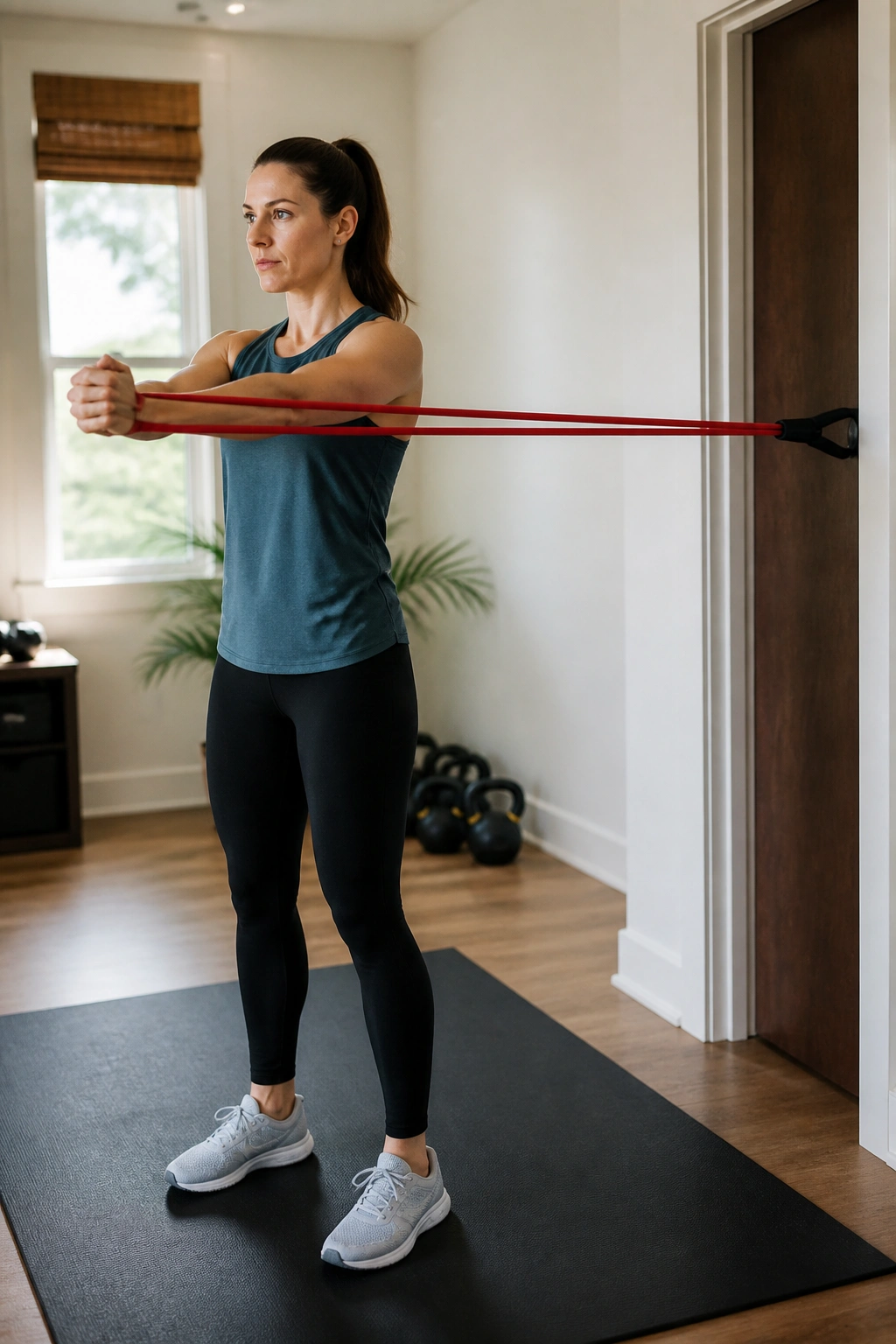 Portrait of a person performing Pallof press with anti-rotation in doorway setup