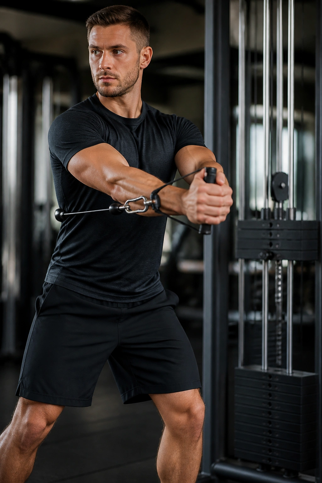 Person performing Pallof press hold, torso resisting rotation with cable handle extended.