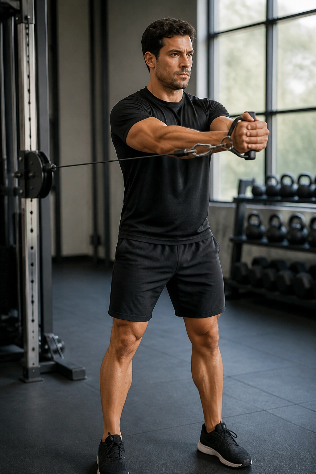 Person performing Pallof press with cable at chest height