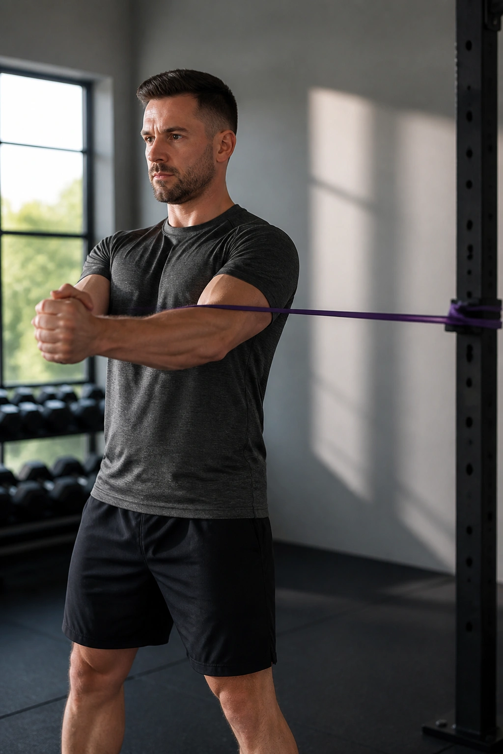 Side view of person performing Pallof press with resistance band, torso square