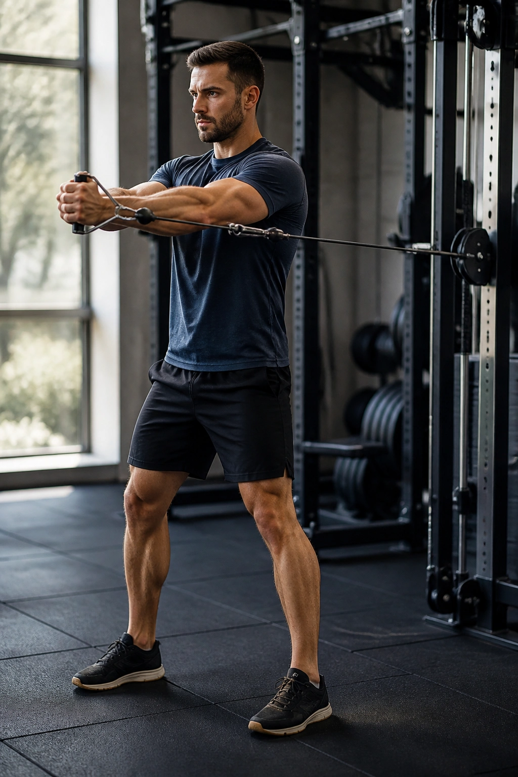 Real person performing Pallof press with anti-rotation stance in gym