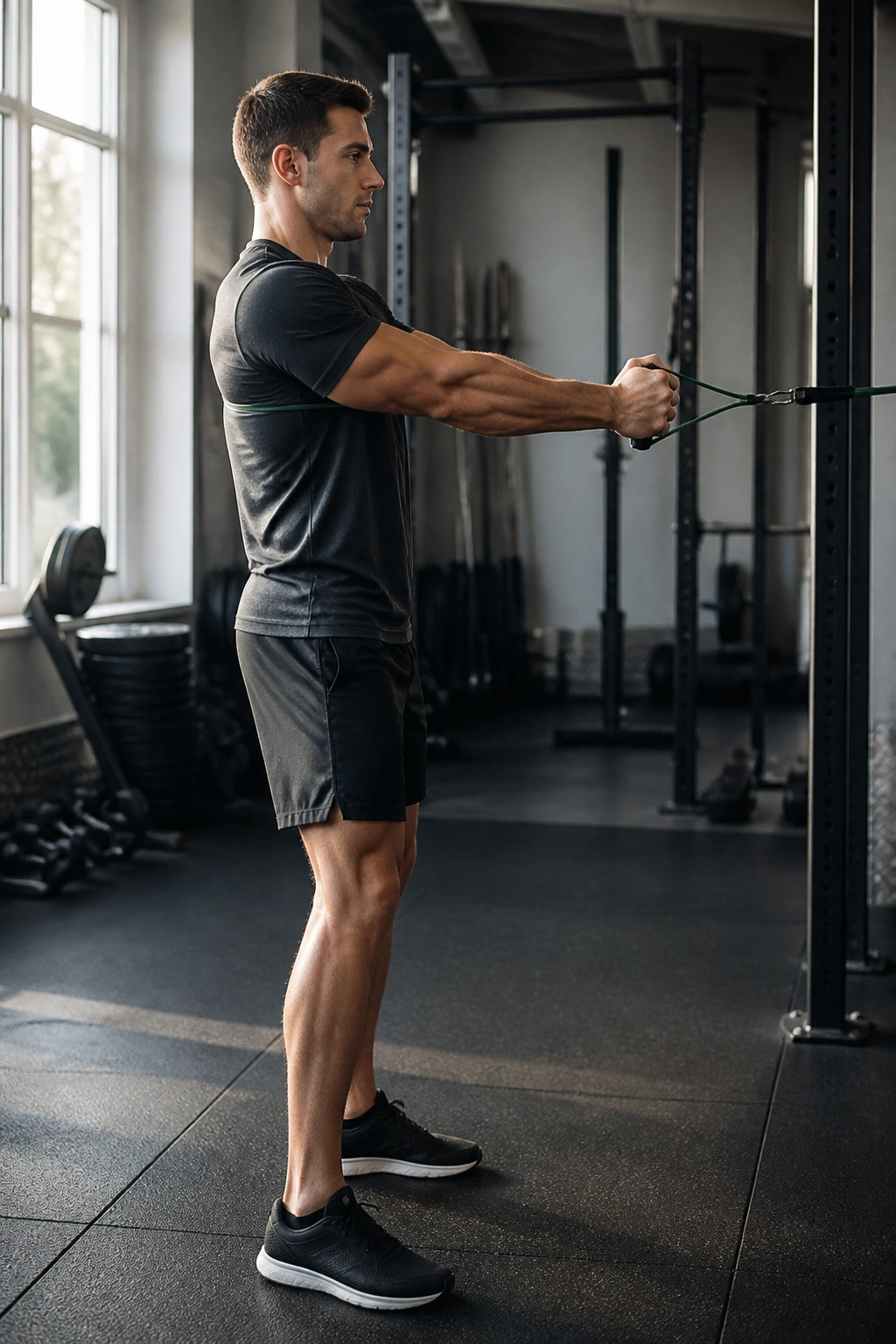 Side portrait of a person performing pallof press to resist rotation in a gym