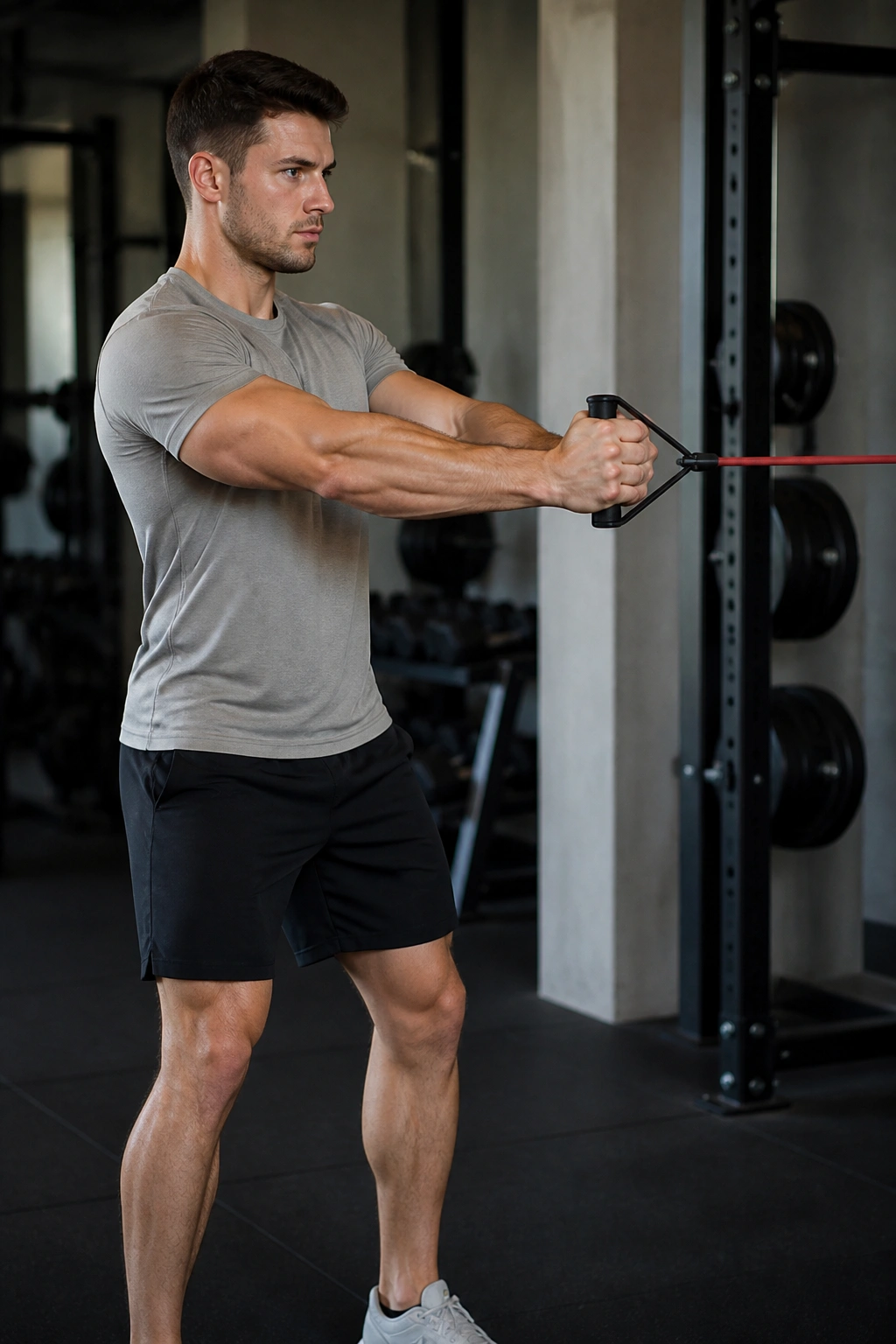 Side view of a person performing Pallof press anti-rotation hold with braced torso.