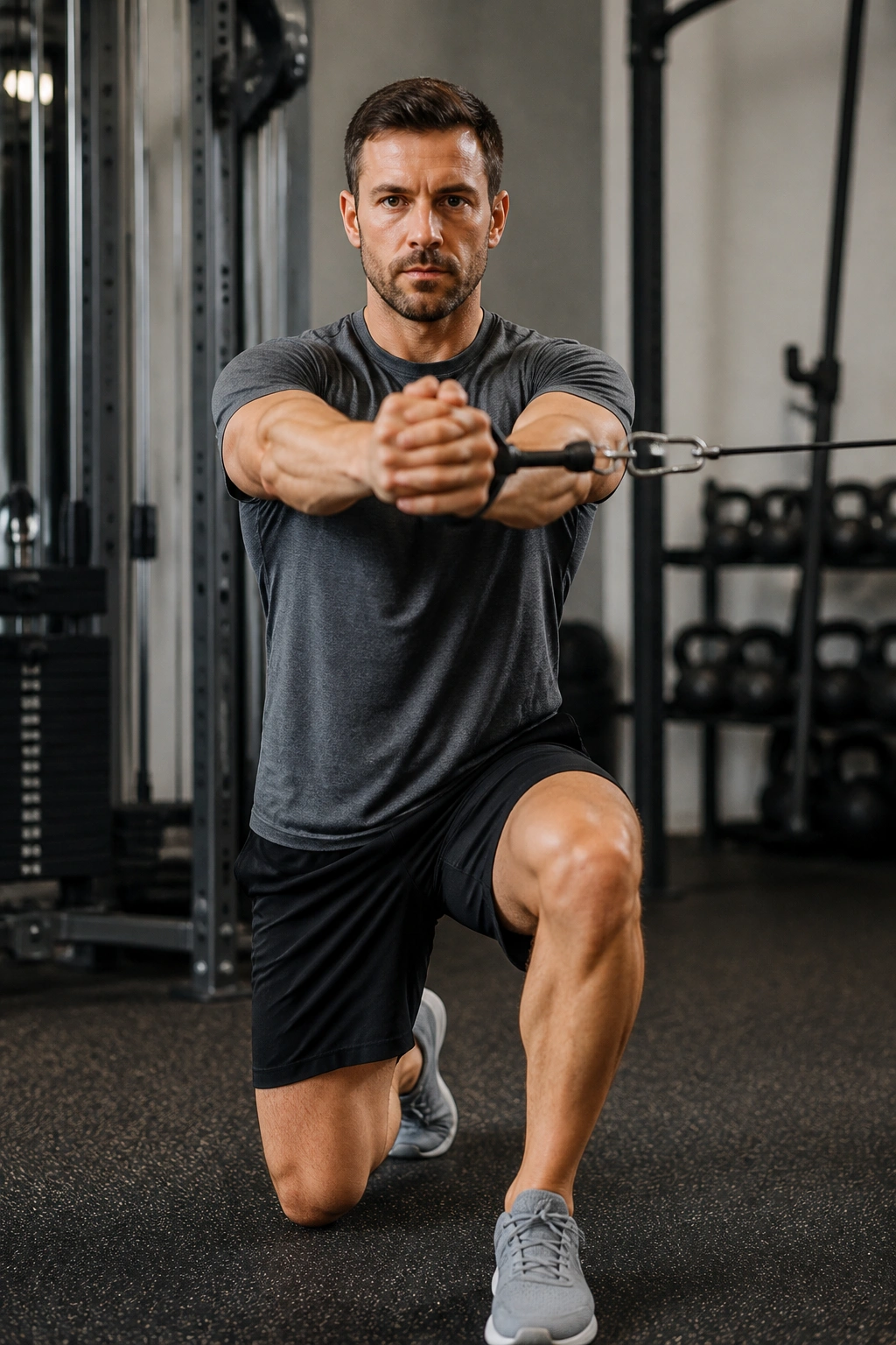 Person performing half-kneeling Pallof press in a gym