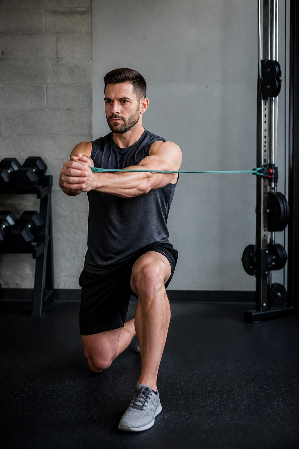Person performing Pallof press hold with arms extended, resisting band rotation.
