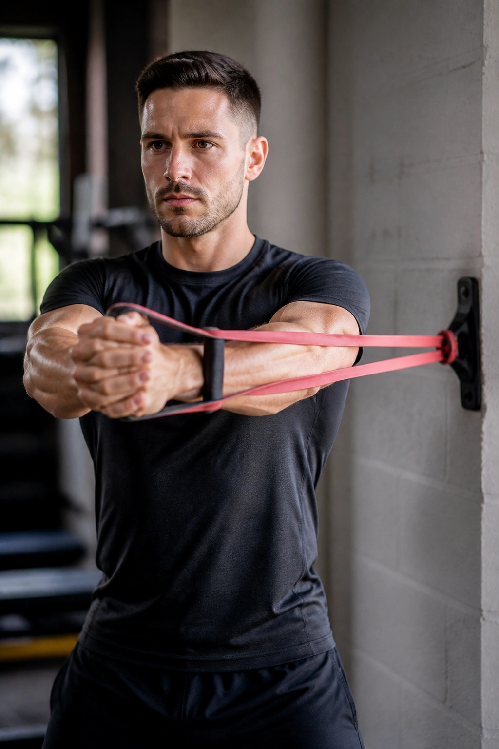 Close-up of a fit person performing the Pallof press with a resistance band anchored to a wall, torso stable.