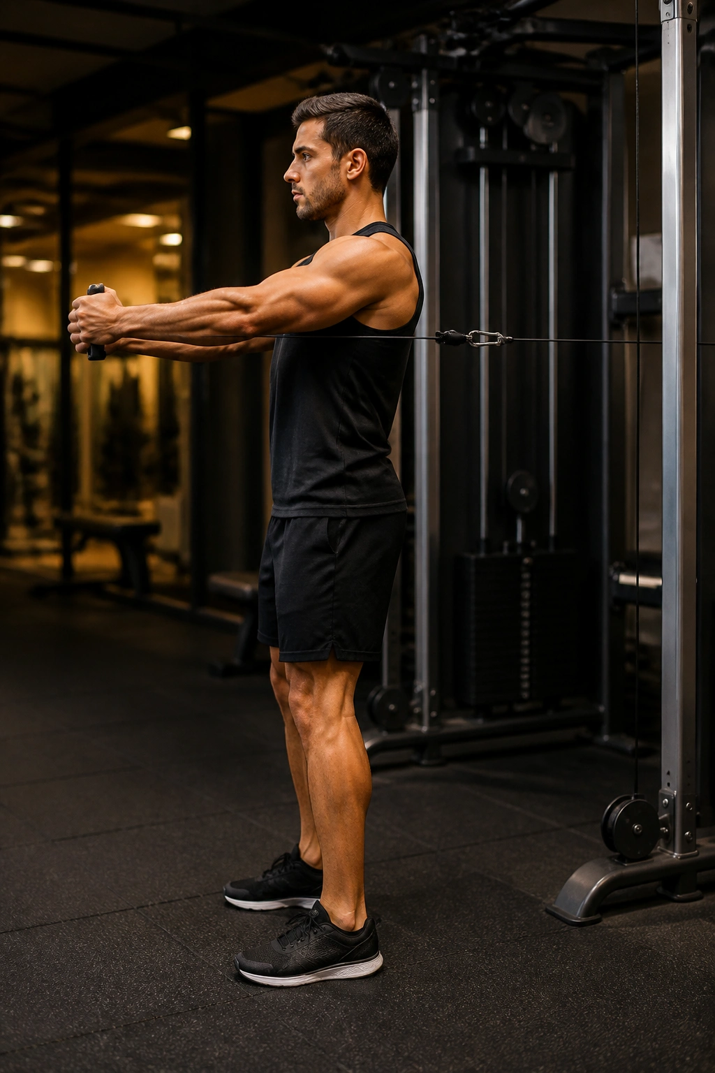 Person performing Pallof press with cable, demonstrating anti-rotation core work.