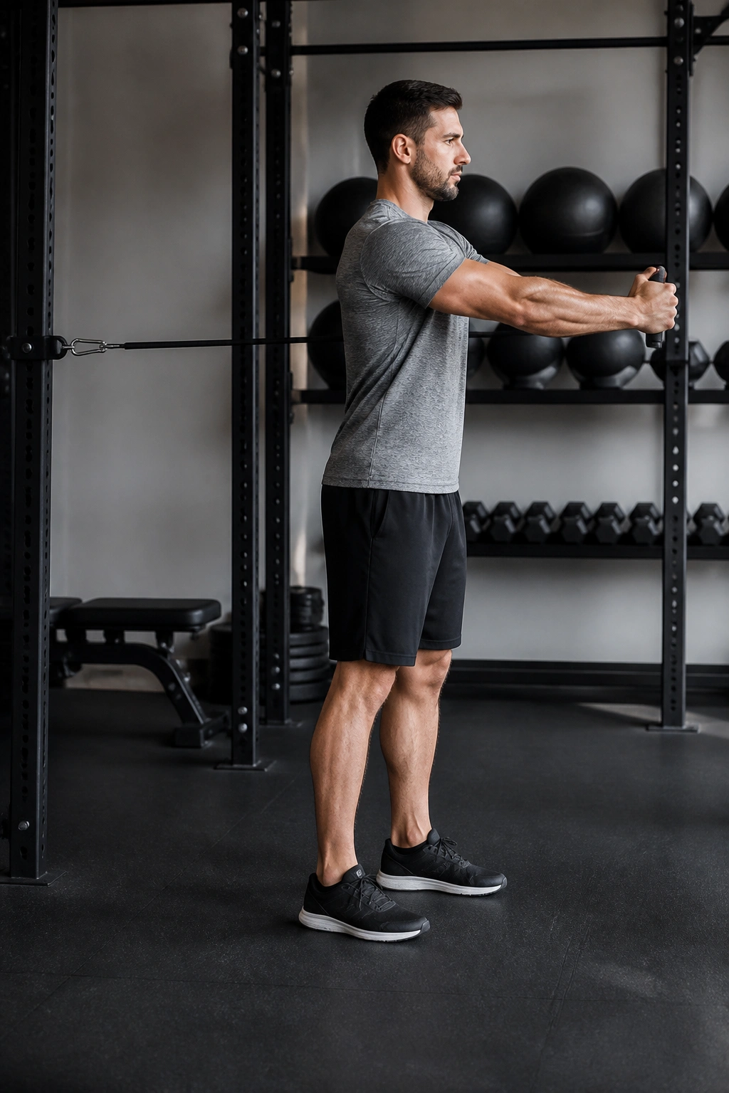 Real person performing Pallof press with anti-rotation hold.