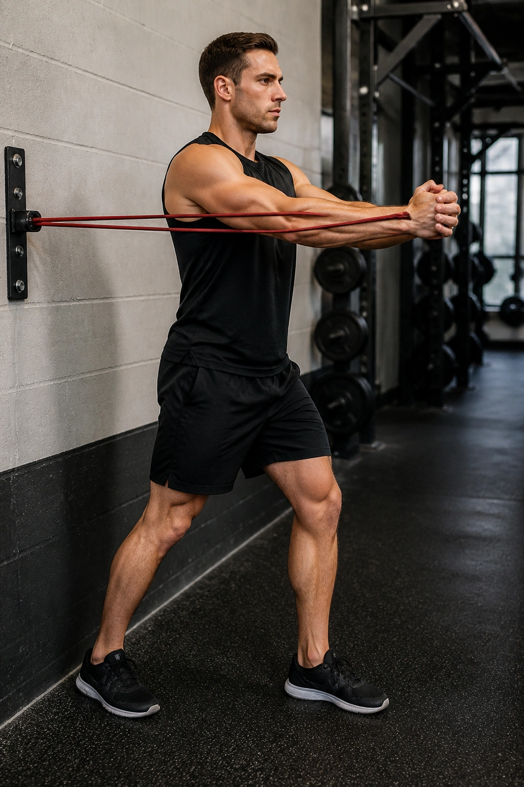 Close-up of a fit person performing Pallof press with resistance band in a gym