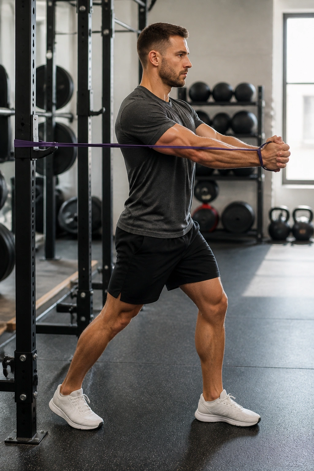 Person performing Pallof press with resistance band in a gym